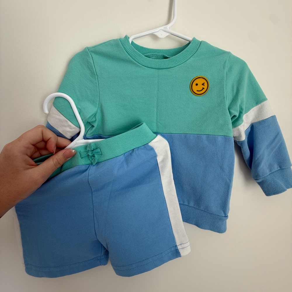 Little Me Mint Green & Sky Blue Smiley Face Kids Matching Set